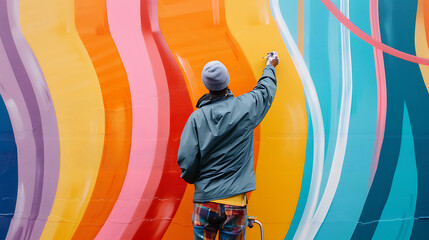 A talented digital artist brings a burst of color and life to an urban street wall with an...