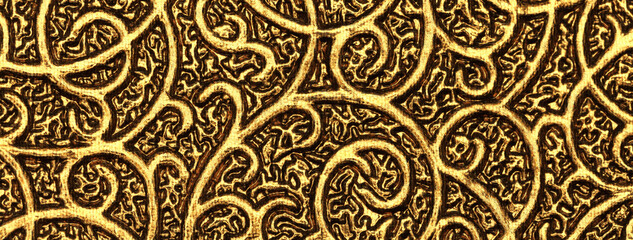 Metallic golden background with textures and wavy patterns.