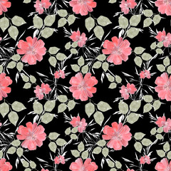 Seamless floral pattern. Pink flowers on a black background. - 723604200
