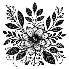 hand draw of beautiful floral ornament with leaves and abstract black lines monochrome Contour Flower. Floral Design Element vector
