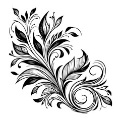 hand draw of beautiful floral ornament with leaves and abstract black lines monochrome Contour Flower. Floral Design Element vector