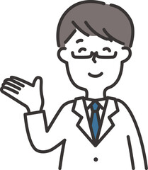 白衣を着た男性がこちらと案内するイラスト