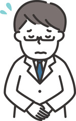 白衣を着た男性が困り顔で謝罪をするイラスト
