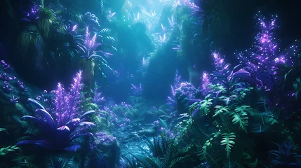 Poster Immerse yourself in an enchanting and otherworldly lush alien forest, where the captivating glow of bioluminescent plants sets the stage for a mesmerizing journey. This stunning 3D abstract © Nijat