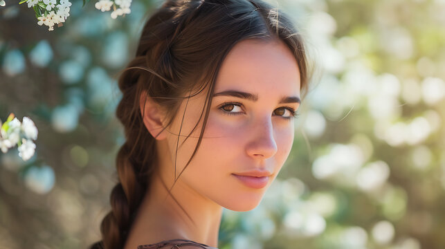 A mesmerizing portrait of a young woman with a bohemian braid, showcasing her captivating light brown eyes. Her ethereal beauty is accentuated by the soft glow of natural light, drawing you