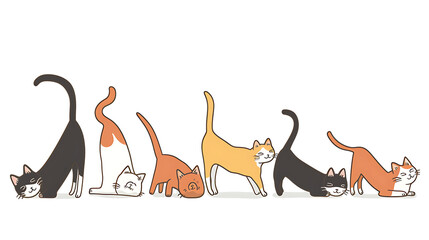 Minimalistic and charming, this organic illustration captures the beauty of multiple cats in various stretching poses. Against a pristine white background, these adorable felines evoke a sen - obrazy, fototapety, plakaty