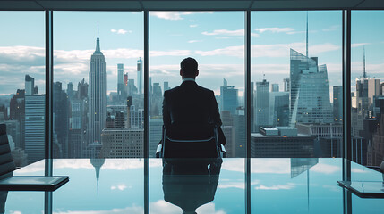 A commanding CEO exuding power and confidence, surrounded by floor-to-ceiling windows revealing a breathtaking urban backdrop. A sleek, contemporary office design reflects opulence and autho - obrazy, fototapety, plakaty