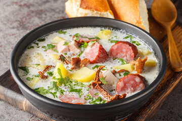 Zalewajka is a traditional rustic soup made of diced and boiled potatoes and overflowed with sour rye sourdough with sausage and dried mushrooms closeup on the plate on the table. Horizontal