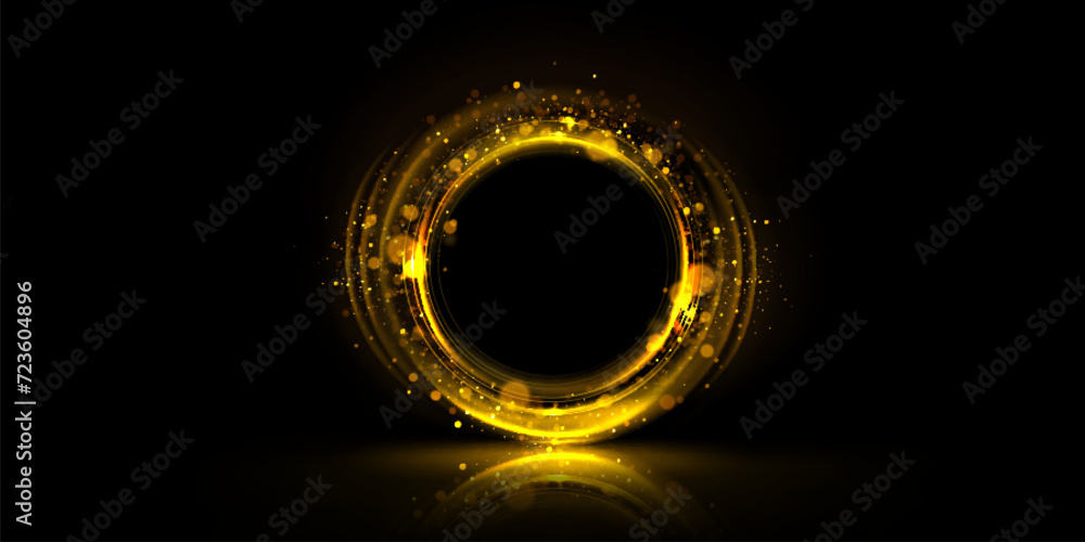 Aufkleber golden glowing circle frame with glitter sparkle on black background. realistic vector illustration 