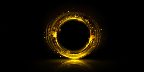 Golden glowing circle frame with glitter sparkle on black background. Realistic vector illustration of neon light round element with gold shiny sparks and reflection. Bright flare glossy ring.