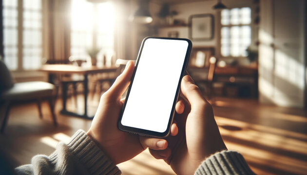 Hands holding a smartphone with a blank screen, with the warm sunlight casting shadows in a cozy room, implying a comfortable technology use at home.
