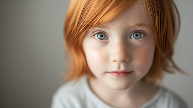 A captivating portrait image of a young child with adorable short, straight ginger hair and captivating wide, curious grey eyes. Their innocence and curiosity are beautifully captured, makin