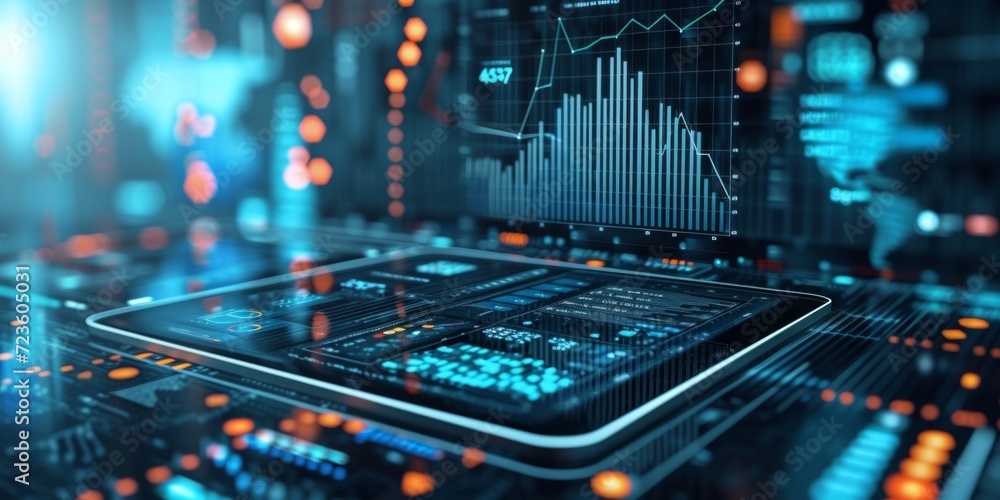 Poster futuristic server tech and data analytics technology illustration