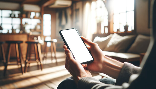 Hands holding a smartphone with a blank screen, with the warm sunlight casting shadows in a cozy room, implying a comfortable technology use at home.
