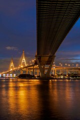 Fototapeta na wymiar Large Suspension Bridge Chao Phraya River Twilight 1