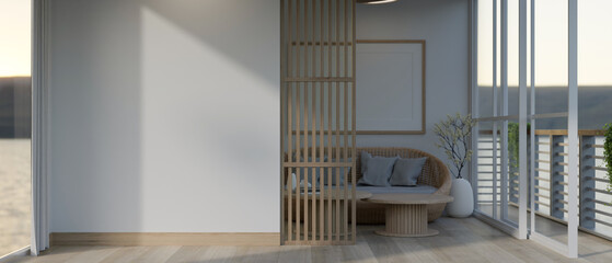 Interior design of a modern, minimalist living room with a white mockup wall and a balcony.