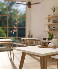 Close-up image of a table in a modern, cosy, Scandinavian restaurant or cafe.