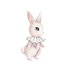 Watercolor illustration of cute bunny, rabbit, hare with collar. Brown set of cutie animal portrait in pastel colors. Stickers, wall art, kids room decor, easter bunny