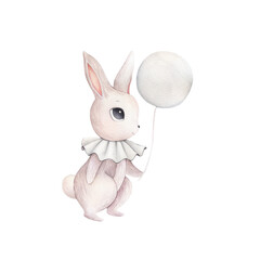 Watercolor illustration of cute bunny, rabbit, hare with pink heart balloon. Brown set of cutie animal portrait in pastel colors with skirt, collar, bow. Stickers, wall art, kids room decor, easter