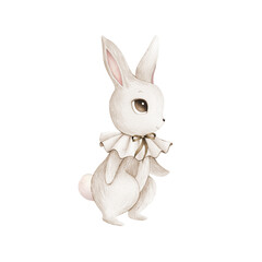 Watercolor illustration of cute bunny, rabbit, hare. Brown set of cutie animal portrait in pastel colors with collar, bow. Stickers, wall art, kids room decor, easter bunny