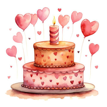 Romantic watercolor cake with candle heart balloons