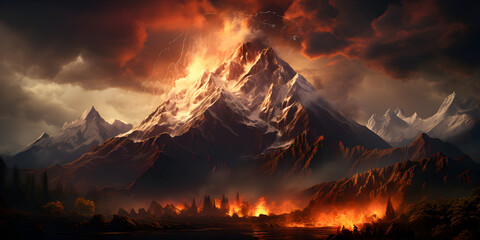 Fire in volcano with magma under dark sky
