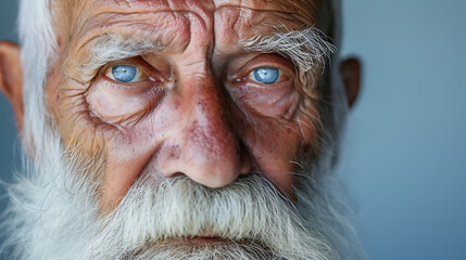 A wise and weathered elderly man with a full, majestic white beard and soulful deep eyes, radiating wisdom and experience. The lines on his face tell a story of a life well-lived, and his ge
