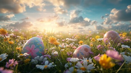 A whimsical Easter scene with hand-painted eggs nestled in a vibrant meadow
