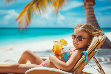 Photo of young girl on sunbed with drink on holiday