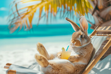 Photo of easter bunny on vacation on the beach with drink