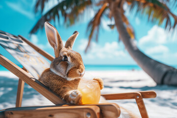 Photo of easter bunny on vacation on the beach with drink - obrazy, fototapety, plakaty