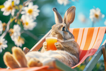 Photo of easter bunny relaxing with drink in the garden - obrazy, fototapety, plakaty