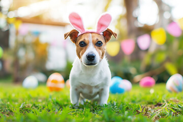 Photo of dog in garden with easter bunny ears and eggs - obrazy, fototapety, plakaty