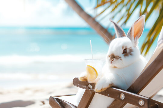 Photo of easter bunny on vacation on the beach with drink