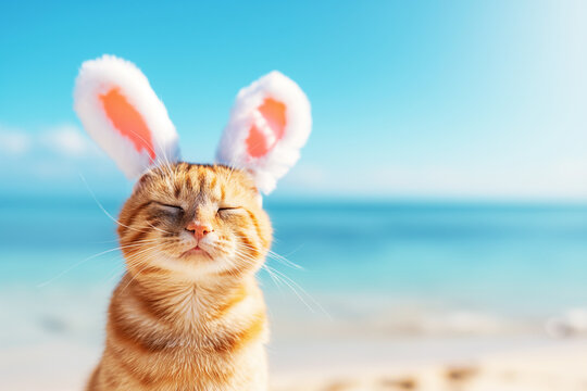 Photo of cat with easter bunny ears on the beach