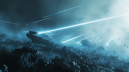 A stunning 3D rendered depiction of a futuristic battlefield, where dazzling laser beams illuminate the chaotic battleground. This abstract scene captures the intensity and high-tech warfare - obrazy, fototapety, plakaty