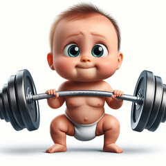 Funny cute strong baby in diapers lifting a heavy barbell on white background
