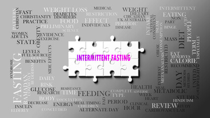Intermittent Fasting as a complex subject, related to important topics. Pictured as a puzzle and a word cloud made of most important ideas and phrases related to intermittent fasting. 3d illustration