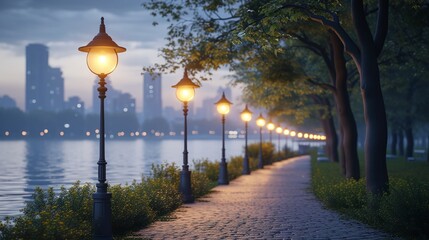 Tranquil lakeside promenade under evening lights reflecting on calm waters