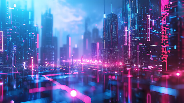 A mesmerizing, futuristic cityscape comes to life in this stunning 3D abstract render. Neon lights illuminate the sleek skyscrapers, casting a vibrant glow across the bustling metropolis. Pe © Nijat