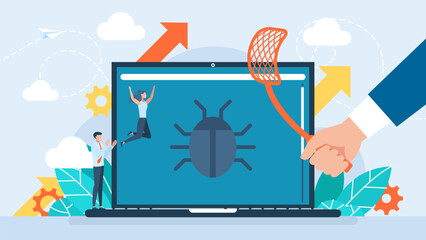 Antivirus scanning. malware fixing. virus attack, trojan search, bugs detection. Programmers testing new application. Male developers fixing bugs, using computer, working together. Vector illustration