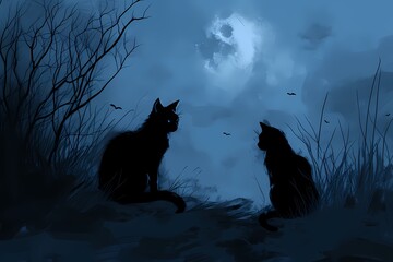 black cat and high full moon halloween background anime style