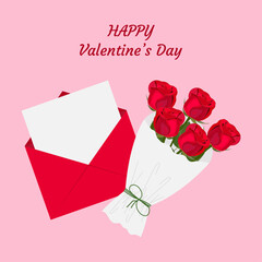 Valentine card with roses. Greeting card invitation. Red flowers roses in white package with bow ribbon and red envelope with a sheet of paper on a pink background. Happy Valentine's Day text. Vector.