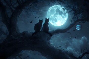 black cat and high full moon halloween background anime style - obrazy, fototapety, plakaty