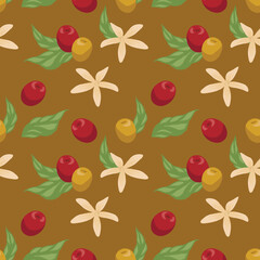 Seamless pattern with berries and coffee flowers.