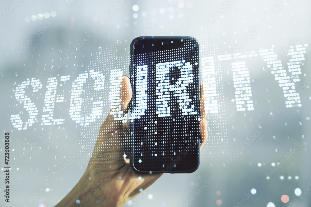 Poster cyber security creative concept and hand with cellphone on background. double exposure