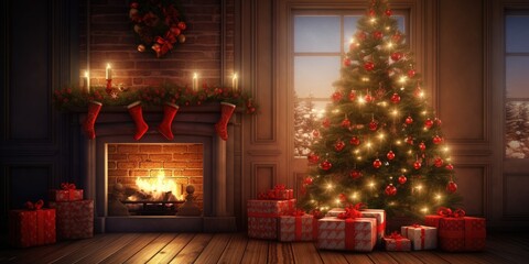 Fototapeta na wymiar Festive Christmas tree in cozy room.