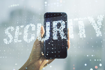 Cyber security creative concept and hand with cellphone on background. Double exposure