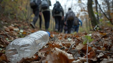 Plastic litter scattered across the forest floor.