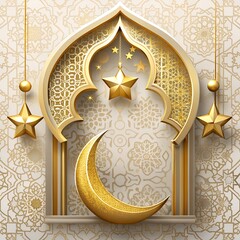 Ramadan Kareem vector card with 3d golden metal crescent and stars. Arabic style arch in beige color with traditional pattern. Copy space.
